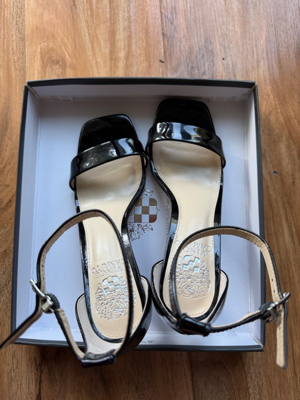 Vince Camuto Black Patent Square-Toe Ankle-Strap Sandals